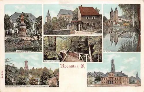 Rathaus, Kriegerdenkmal und Schloss Rochlitz Sachsen Postkarte AK