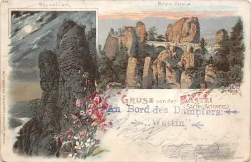 Gruß von der Bastei, Bastei-Brücke und Bastei-Felsen Sachsen Postkarte AK 1900