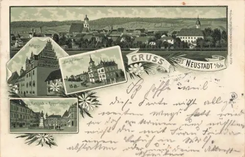 Gruß aus Neustadt an der Orla Bahnhofstrasse und Rathaus Thüringen Litho AK 1903