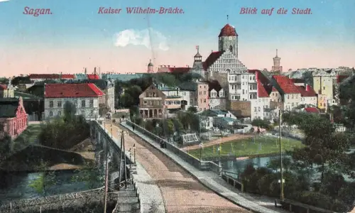 Blick auf die Stadt Kaiser Wilhelm Brücke Sagan Schlesien Postkarte AK 1915
