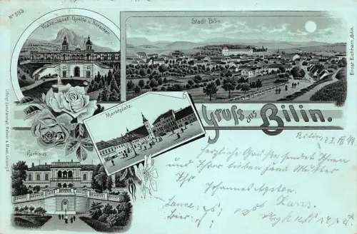 Gruss aus Bilin (Bílina) Marktplatz Kurhaus Franz Josefs-Quelle Postkarte 1899