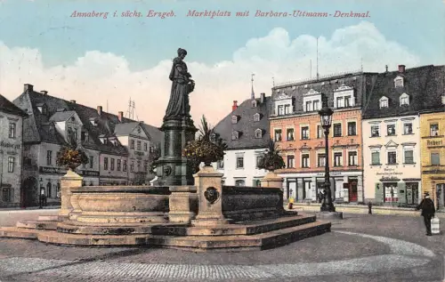 Annaberg i. sächs. Erzgeb. Marktplatz mit Barbara-Uttmann-Denkmal AK 1927