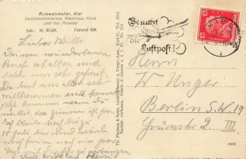 Rosenlaube im Weinhaus Ratsweinkeller Kiel Schleswig-Holstein Postkarten AK 1928