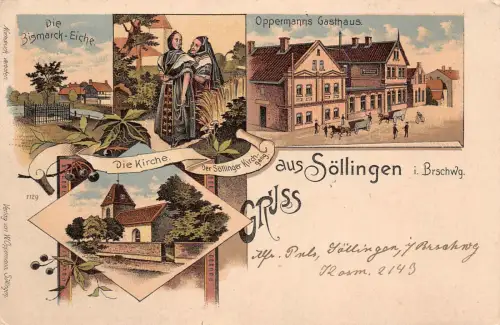 Oppermanns Gasthaus Söllingen Braunschweig Niedersachsen Litho Postkarte 1899