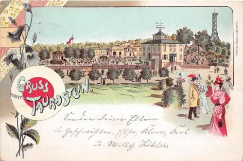 Burgstädt Gruss aus Restaurant Taurastein Lithographie Bahnpost gelaufen 1906