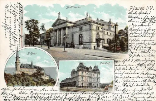 Stadttheater, Schloss und Bahnhof in Plauen Vogtland Sachsen Postkarte AK
