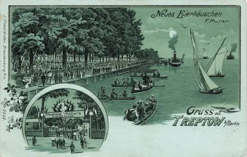 Gruss aus Treptow b/Berlin Neues Eierhäuschen F. Müller Dampfer Postkarte 1911
