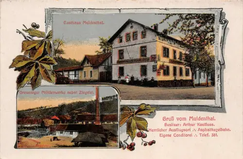 Gruß vom Muldenthal Gasthaus Greusniger Mühlenwerke Ziegelei Postkarte AK 1917