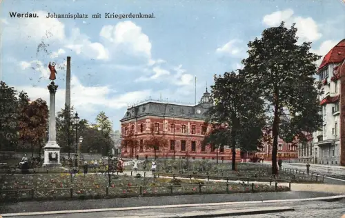 Johannisplatz mit Kriegerdenkmal Werdau Sachsen Postkarte AK 1914