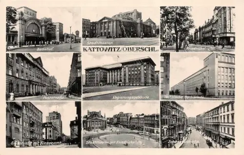 Kattowitz/Oberschl. Stadttheater Regierungsgebäude Bahnhof AK