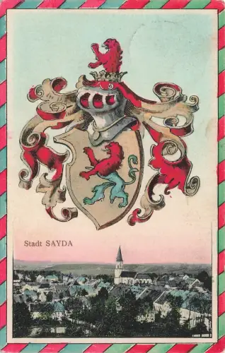 Stadtansicht mit Wappen Stadt Sayda Sachsen Wappenkarte Postkarte AK 1916