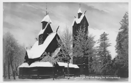Riesengebirge Kirche Wang im Winterkleid AK