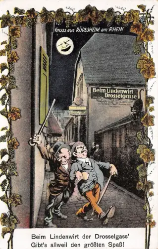Gruss aus Rüdesheim am Rhein Lindenwirt Drosselgasse AK 1935