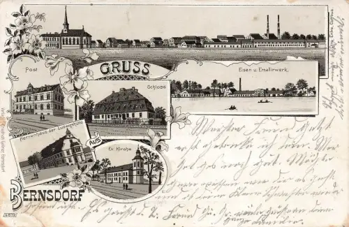 Eisen u. Emallirwerk, Schloss und Post in Bernsdorf Sachsen Postkarte AK 1902
