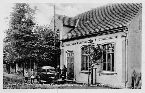 Grebs Gasthof v.Fritz Schulze Soldat Kinder am PKW Postkarte