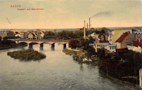 Sagan (Żagań) Stadtteil und Boberbrücke Postkarte 1908