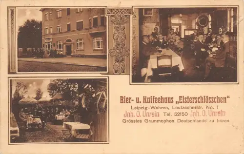 Bier- u. Kaffeehaus "Elsterschlösschen" Leipzig-Wahren gr. Grammophon AK 1929