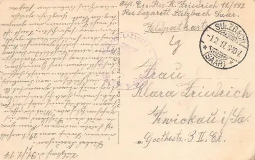 Sulzbach-Saar Knappschaftslazarett Postkarte 1917