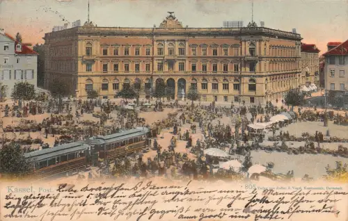 Kassel Post Strassenbahn Post belebte Strasse Markt Postkarte 1915