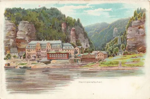 Ansicht von Herrnskretschen Hřensko von der Elbe aus gesehen Böhmen Postkarte AK