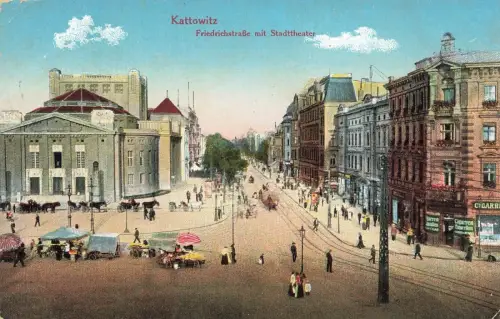 Friedrichstraße mit Stadttheater in Kattowitz Schlesien Postkarte AK 1918