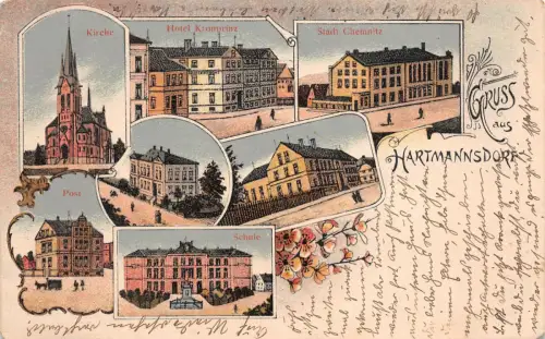 Hartmannsdorf (bei Chemnitz) Schule, Post, Hotel Litho Postkarte 1914