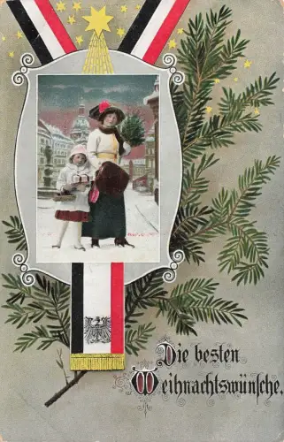 Die besten Weihnachtswünsche mit Frau und Kind Reichsfahne Patriotika AK 1915