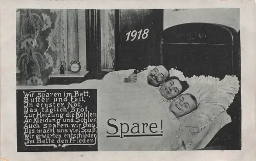 Spare! Im Bette den Frieden! Spruchkarte Postkarte AK
