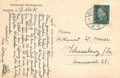 Rostock Universität Restaurant Wintergarten Postkarte 1931