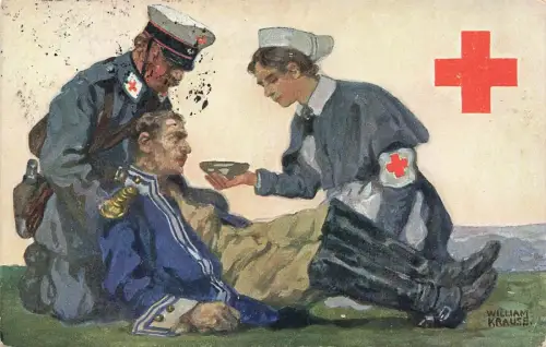Pflege im Felde Sanitäter Rotes Kreuz Königreich Sachsen Patriotika AK 1914