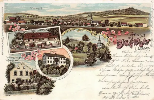 Gruss aus Bischdorf Kirche, Schule, Gasthaus Sachsen Litho Postkarte AK 1913