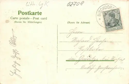 Gruss aus Bischdorf Kirche, Schule, Gasthaus Sachsen Litho Postkarte AK 1913