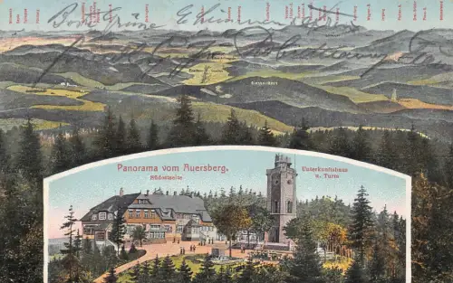 Panorama vom Auersberg Südostseite Unterkunftshaus u. Turm Postkarte AK