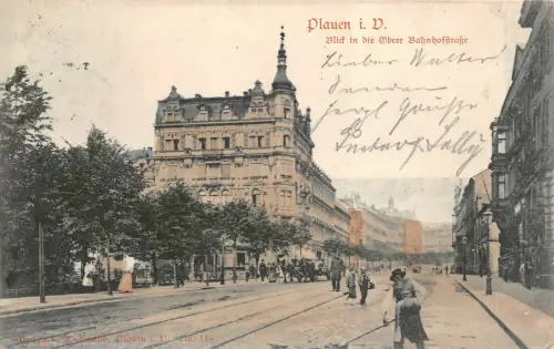 Blick in die Obere Bahnhofstraße in Plauen Vogtland Sachsen Postkarte AK 1900
