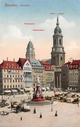 Rathausturm, Siegesdenkmal und Altmarkt Dresden Sachsen Postkarte AK 1917