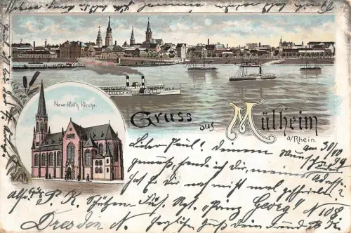 Gruss aus Mühlheim a/Rhein Neue Kath. Kirche Litho AK 1899