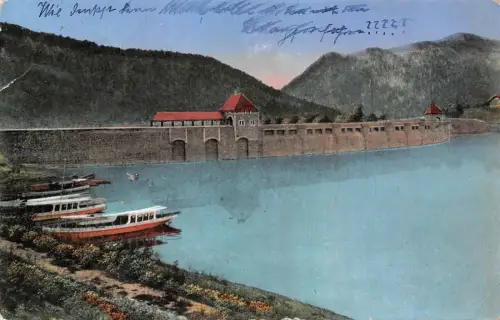 Die Edertalsperre im Fürstenturm Waldeck Anlegestelle der Motorboote AK 1918