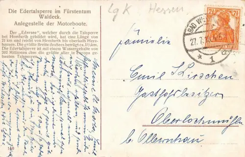 Die Edertalsperre im Fürstenturm Waldeck Anlegestelle der Motorboote AK 1918