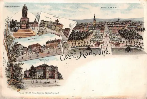 Gruss aus Karlsruhe Marktplatz Baden-Württemberg Litho Postkarte