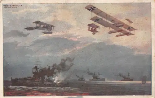 Waffenflugzeuge über der englischen Flotte Patriotika Postkarte AK 1916