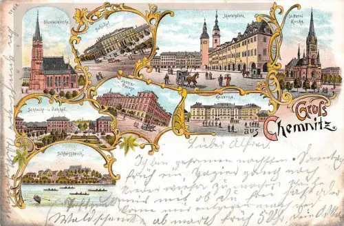 Gruß aus Chemnitz mit Kaserne und Bahnhof Sachsen Litho Postkarte AK 1900
