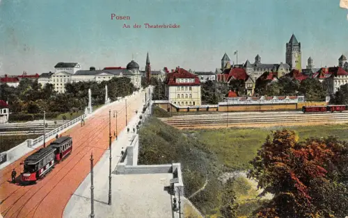 AK Posen An der Theaterbrücke Strassenbahn 1916 Postkarte