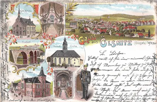 Gruss aus Ölsnitz (Erzgeb.) Rathaus Viaduct Kath. Kir. Litho Postkarte AK 1901