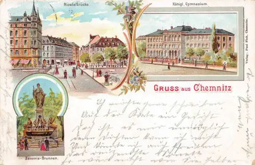 AK Chemnitz Sachsen Nicolaibrücke, Gymnasium Litho Postkarte 1900
