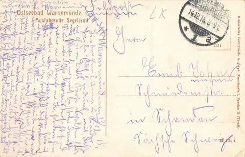 Ostseebad Warnemünde Ausfahrende Segeljacht AK 1915