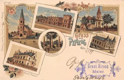 AK Penzig Pieńsk Bahnhof, Postamt Kirche Litho Postkarte 1899 Bahnpost