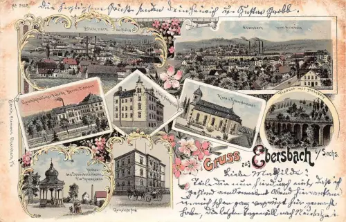 Ebersbach Sachsen Fabrik, Kirche, Totalansicht Litho Postkarte 1898