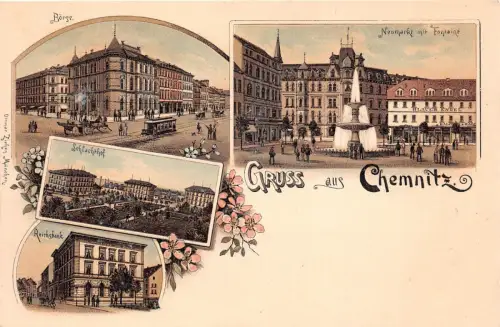 Gruss aus Chemnitz Sachsen Börse,Reichsbank, Neumarkt, Schlachthof Lithographie