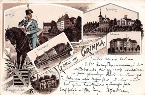 Grimma Husar Fürstenschule, Seminar, Schloss Grusspostkarte Litho 1894