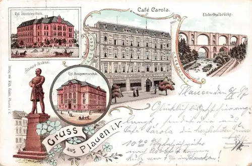 Gruß aus Plauen Café Carola und Denkmal Vogtland Sachsen Litho Postkarte AK 1897